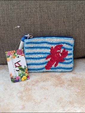 Express Edit Beaded Blue & White Stripe Coin Pouch with Red Lobster Motif NWT